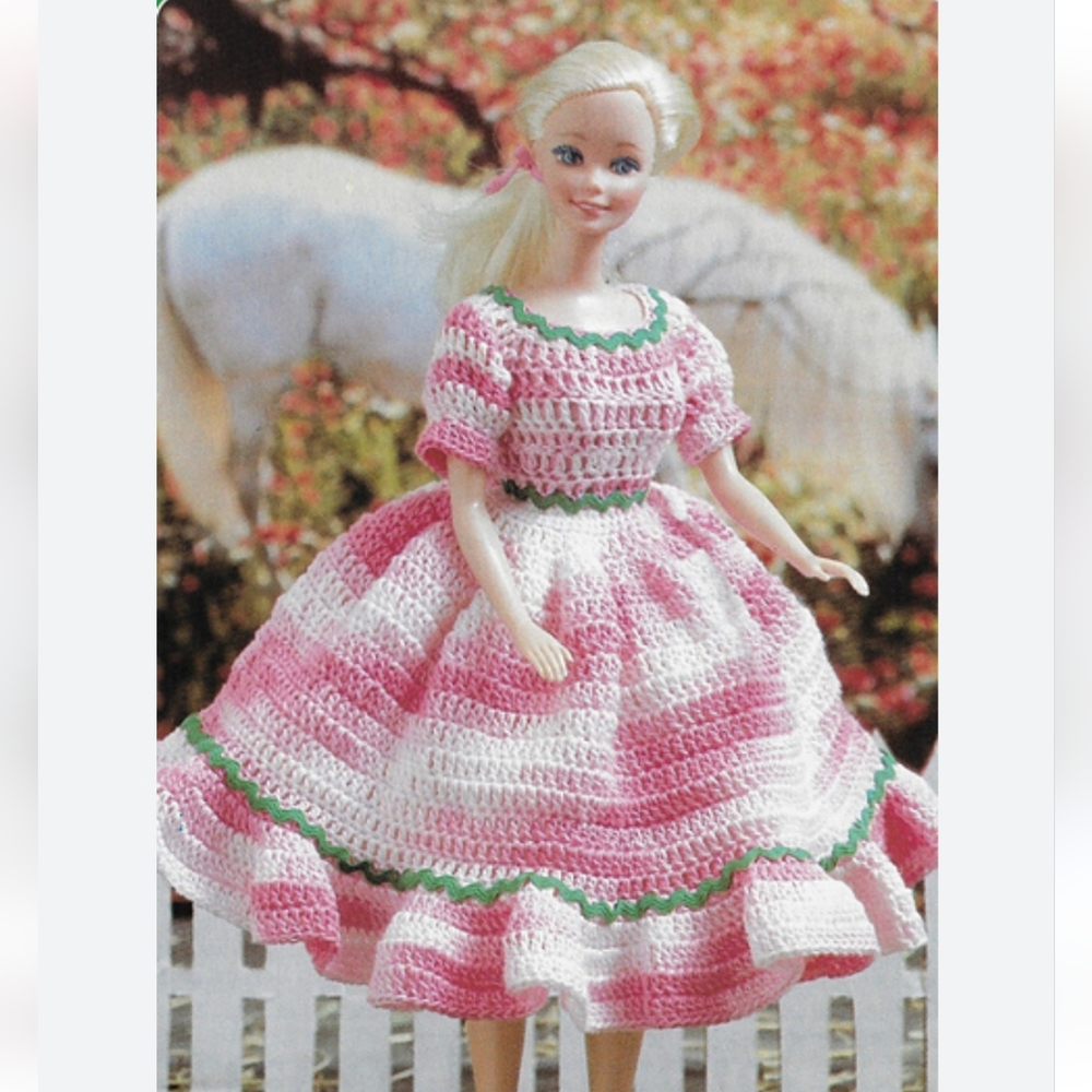 Hand Crocheted Pink, White & Green Trim Barbie Doll Dress *NO DOLL* Vintage
